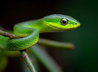 Fototapeta premium Serpentine Charm A small green snake slithering gracefully through lush foliage, a captivating dance of nature's elegance, perfect for nature documentaries or wildlife promotions.