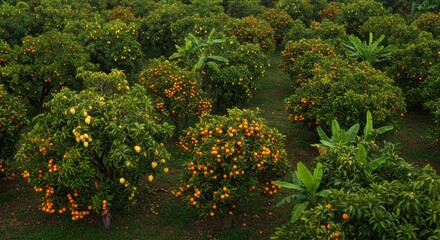 An aerial view of a lush fruit orchard filled with orange and yellow fruits