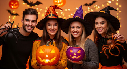 Smiling group in Halloween costumes, holding pumpkins and spiders against a festive background, showcasing a fun and celebratory Halloween atmosphere