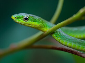 Serpentine Charm A small green snake gracefully slithering through lush foliage, a captivating close-up, perfect for nature documentaries and wildlife education projects