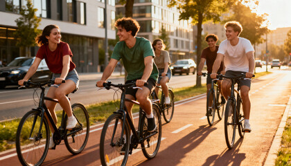 Young friends cycling on urban bike lane at sunset, enjoying outdoor exercise, healthy lifestyle, city environment, group riding bicycles along city street green trees and modern buildings