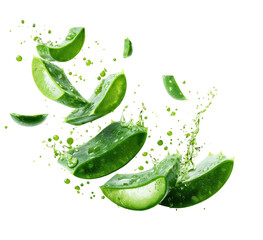 Fresh aloe vera slices in motion, surrounded by water droplets and splashes