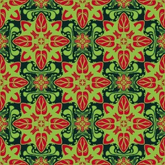 seamless damask pattern,green, red curves,painted create to flower shape,leaves with black background in geometric patterns as sarong,fabric,tile,printed fabric,batik,tablecloth patterns.