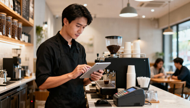 Asian barista or manager using tablet for inventory in a coffee shop. Small business owner managing cafe with technology. Young entrepreneur at work in a modern restaurant.