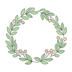 Hand drawn green leaf and berry wreath with light peach and pale green berries on white background leaves