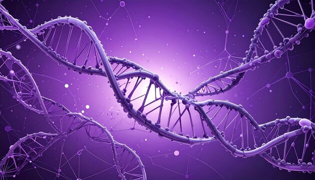 A vibrant image showcasing a 3D render of DNA double helix structures in a captivating purple hue. The strands are intertwined