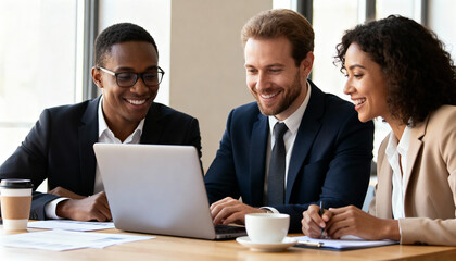 Happy multi-ethnic business team collaborating in office. Diverse smiling colleagues partners discussing project, looking at laptop screen. Corporate teamwork success concept.