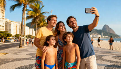 Happy extended family or group of friends taking a fun selfie at Ipanema Beach in Rio de Janeiro. Lifestyle concept of summer vacation, travel, togetherness and technology.