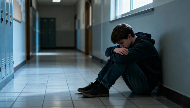 Depressed teenage boy sitting on school corridor floor. Concept of mental health, anxiety, depression, bullying, and loneliness. Sad unhappy student suffering from social isolation.