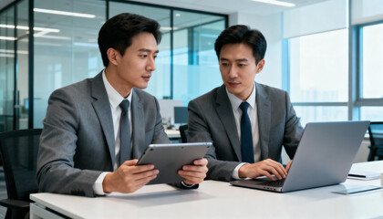 Two professional Asian businessmen collaborating in a modern office. Colleagues discussing a project on a laptop and tablet. Teamwork and strategy meeting in a corporate environment.