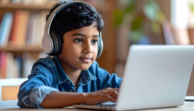 Young boy using a laptop with headphones