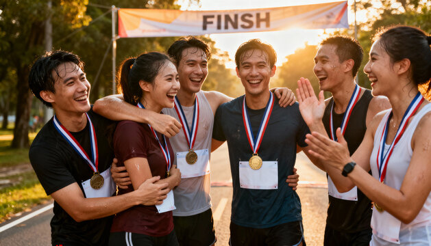 Group of happy Asian friends celebrating victory at marathon finish line. Team of runners with medals hugging, showing success, teamwork, and healthy lifestyle competition.