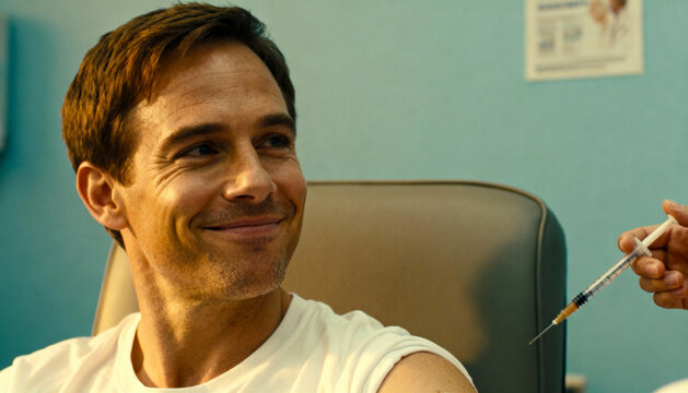 Happy caucasian man smiling while getting a vaccination shot in his arm from a doctor. Concept for immunization, disease prevention, healthcare, positive patient experience, flu jab.