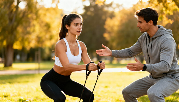 Fit woman exercising with a resistance band under the guidance of a personal trainer in the park. Man coaching a woman doing squats. Concept of personal training and healthy lifestyle.