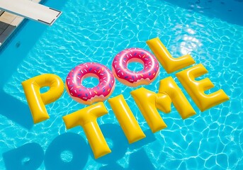 Yellow inflatable letters spelling pool time float on the surface of a bright blue swimming pool, with pink donut floaties in between