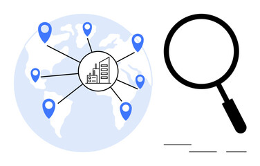 World map with business hubs linked by blue location marks and a magnifying glass. Ideal for global commerce, logistics, analytics, location search, research, connection, entrepreneurship. Simple