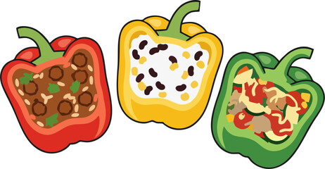 Cartoon Vector Illustration of Trio Stuffed Bell Peppers with Diverse Fillings—Beef, Rice and Beans, and Mediterranean Vegetables