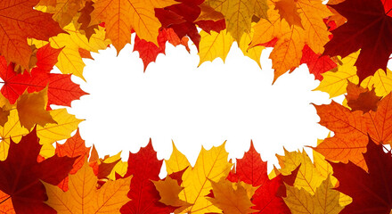 Red, orange, yellow maple leaves frame a white space, creating a natural autumnal border, ideal for fall-themed designs or seasonal promotions