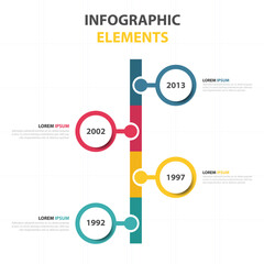 Timeline infographic elements with circles and text boxes for presenting data and history