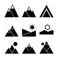 Collection of black mountain landscape icons and symbols mountains nature