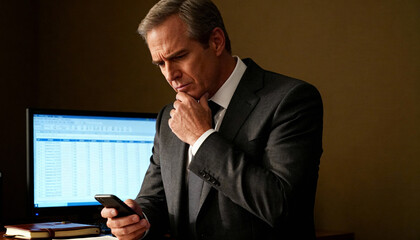 Pensive mature businessman in a suit thinking while looking at his phone. Serious senior executive analyzing data. Concept for business problems, financial crisis, stock market stress.