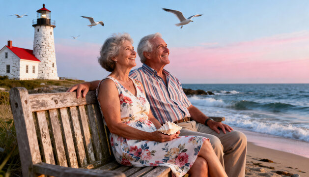 Senior couple in love on a romantic beach vacation. Happy retired man and woman enjoying the sunset together from a bench by the sea with a lighthouse. Golden years concept. - Powered by Adobe