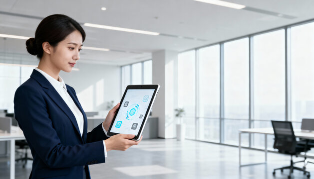Professional Asian businesswoman using a tablet in a modern office. Concept for smart technology, business management, futuristic UI/UX interface, data analysis, corporate innovation.