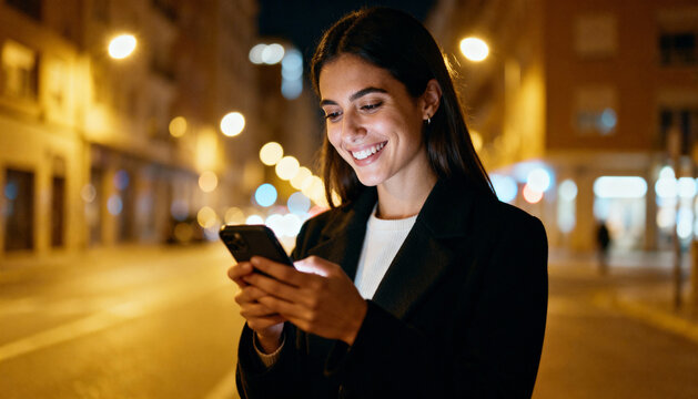 Happy smiling woman using her smartphone at night on a city street. Young female texting, browsing social media or having a video call. Concept of digital connection and communication.