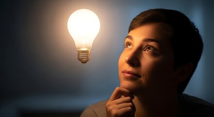 Pensive woman gazes at light bulb, concept of innovation, thinking