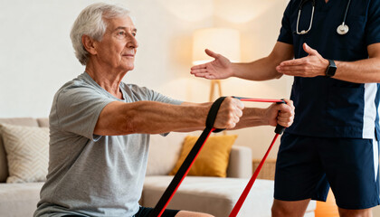 Senior man exercising with a resistance band during a physical therapy session at home. A male physiotherapist or doctor assists an elderly patient with rehabilitation.