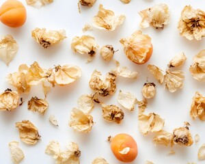 Obraz premium Dried Flowers and Apricots Flat Lay Minimalist Composition