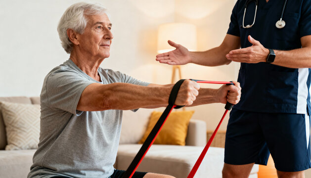 Senior man exercising with a resistance band during a physical therapy session at home. A male physiotherapist or doctor assists an elderly patient with rehabilitation. - Powered by Adobe