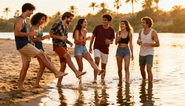 Happy diverse friends on summer vacation. Group of young people laughing and drinking at a beach party, splashing water at sunset. Youth lifestyle, friendship, and fun concept. - Powered by Adobe