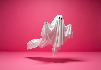 A playful white ghost costume floats in midair against a vibrant pink background, casting a subtle shadow