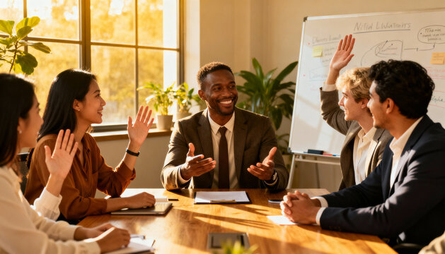 Happy African American manager leading diverse team in corporate workshop. Colleagues engaged in brainstorming, raising hands to vote. Business teamwork and success concept.