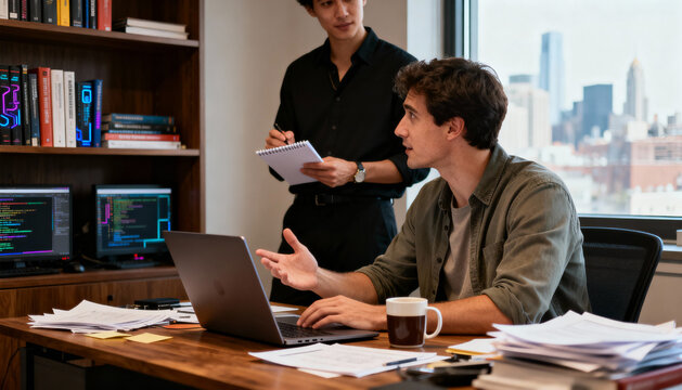 Male software developer at his desk explains a project on a laptop to a colleague taking notes. Two IT programmers collaborating and brainstorming in a modern tech office.