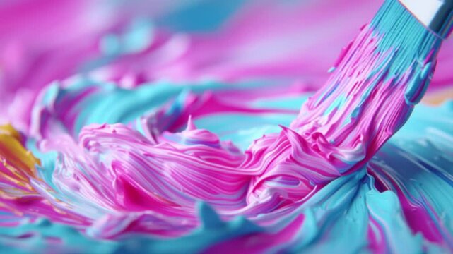 Vibrant Brush Strokes Creating Colorful Patterns on a Blank Canvas with Floating Paint Blobs in Lively Tones of Pink, Blue, and Yellow