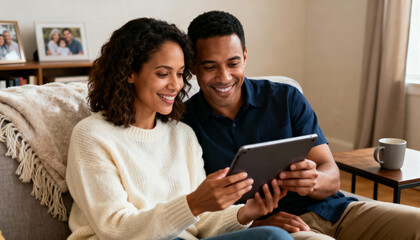 Happy multiethnic couple using digital tablet for online shopping or video call. Man and woman relaxing on couch at home, browsing internet together. Relationship and technology concept.