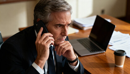 Concerned mature businessman in suit on a serious phone call. Pensive senior executive manager listening to bad news. Concept of corporate crisis, financial problems, stress.