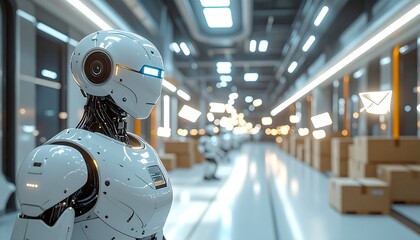 Advanced humanoid robot in a futuristic warehouse, equipped for efficient package sorting and logistics operations