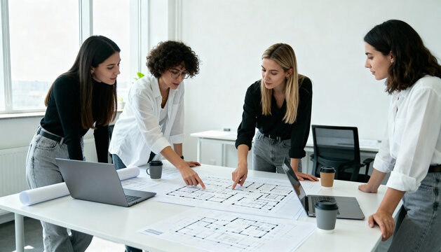 Team of women architects collaborating on blueprints. Female engineers in a business meeting discussing a new construction project. Professional teamwork, brainstorming and planning.