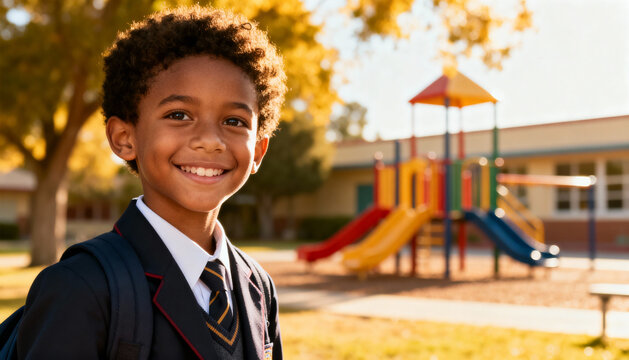 Happy proud African American elementary school boy in uniform smiling at camera. Education, back to school, childhood, and diversity concept. Student with backpack in schoolyard.