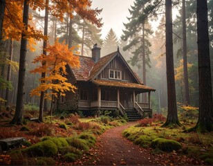Autumnal cabin in a misty forest