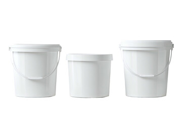 Three white plastic buckets in a row (2)