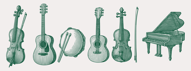 Retro Engraving Illustration of Violins, Guitars, Mandolin and Grand Piano in Classic Vintage Musical Style © Dmytro Chub