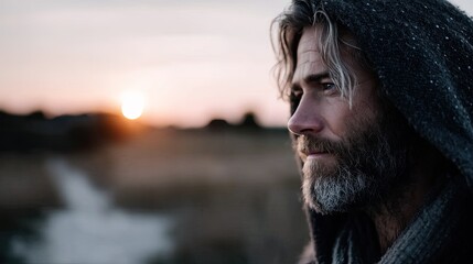 Hooded Bearded Man in Cold Environment at Sunset Dramatic Lighting