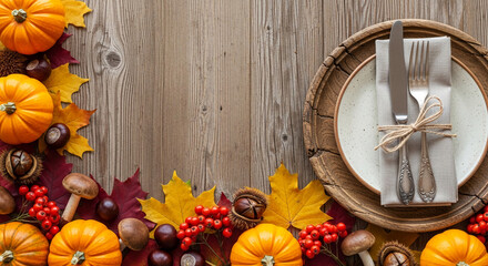Autumnal table setting on wood background, featuring pumpkins, leaves, chestnuts, and place setting with cutleryÂ Showcases Thanksgiving or fall harvest theme, ideal for seasonal promotions