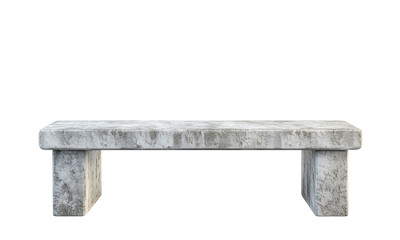 Long rectangular stone bench with a thick slab seat and two block legs, featuring a weathered, textured gray concrete finish.