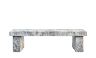Long rectangular stone bench with a thick slab seat and two block legs, featuring a weathered, textured gray concrete finish.