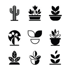 Collection of black and white plant icons including cactus potted plants and leaves cactus icon potted plant icon